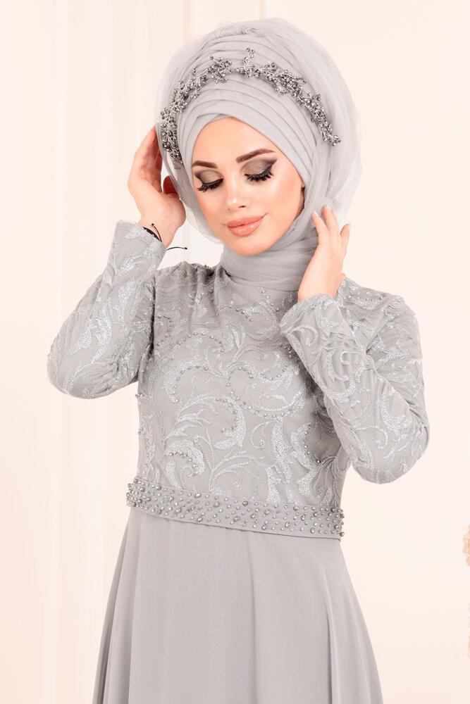 Tesettürlü Abiye Elbise - Beli Boncuk Detaylı Gri Tesettür Abiye Elbise 8462GR - 2
