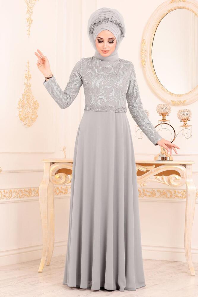 Tesettürlü Abiye Elbise - Beli Boncuk Detaylı Gri Tesettür Abiye Elbise 8462GR - 3
