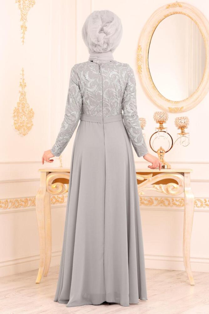 Tesettürlü Abiye Elbise - Beli Boncuk Detaylı Gri Tesettür Abiye Elbise 8462GR - 4