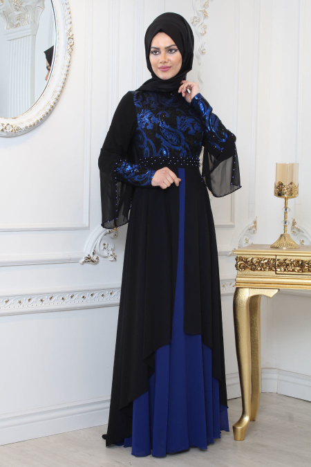 Tesettürlü Abiye Elbise - Beli Boncuk Detaylı Saks Mavisi Tesettür Abiye Elbise 7959SX
