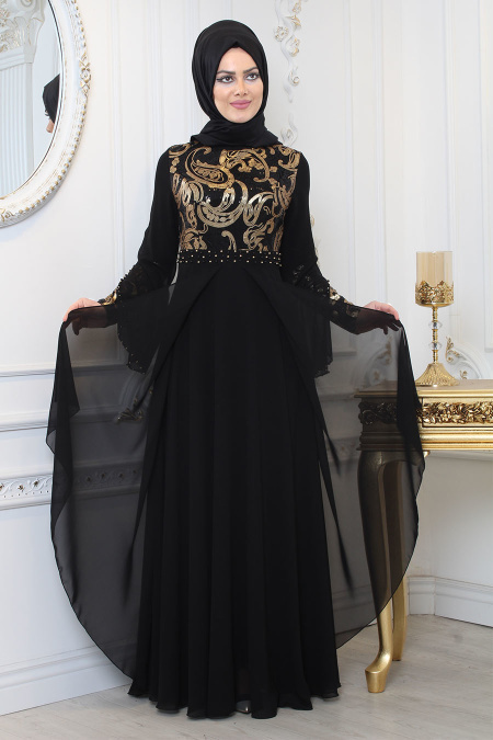 Tesettürlü Abiye Elbise - Beli Boncuk Detaylı Siyah Tesettür Abiye Elbise 7959S