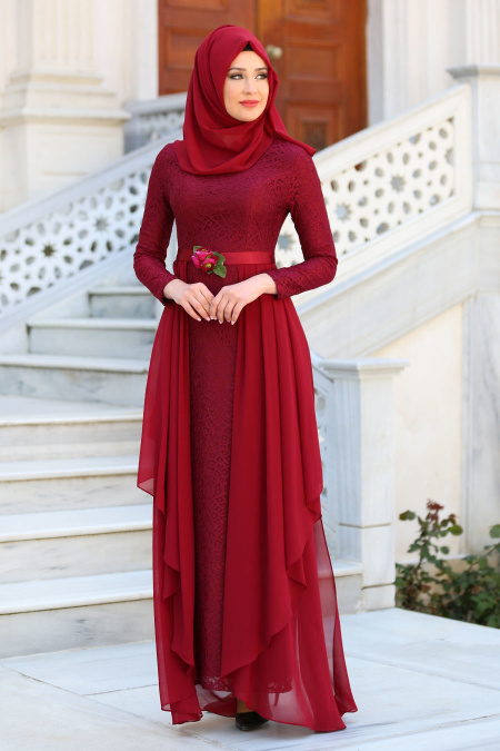 Tesettürlü Abiye Elbise - Beli Çiçek Detaylı Bordo Tesettür Abiye Elbise 7624BR