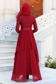 Tesettürlü Abiye Elbise - Beli Çiçek Detaylı Bordo Tesettür Abiye Elbise 7624BR - Thumbnail
