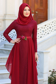 Tesettürlü Abiye Elbise - Beli Çiçek Detaylı Bordo Tesettür Abiye Elbise 7624BR - Thumbnail
