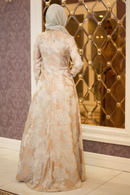 Tesettürlü Abiye Elbise - Beli Çiçek Detaylı Vizon Abiye Elbise - Thumbnail