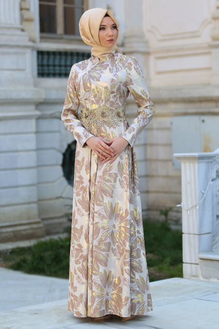 Tesettürlü Abiye Elbise - Beli Çiçek Detaylı Vizon Tesettür Abiye Elbise 7303V