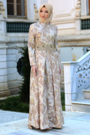 Tesettürlü Abiye Elbise - Beli Çiçek Detaylı Vizon Tesettür Abiye Elbise 7303V - Thumbnail