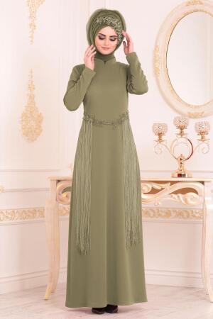 Tesettürlü Abiye Elbise - Beli Dantelli Püsküllü Haki Tesettür Abiye Elbise 3622HK - 1