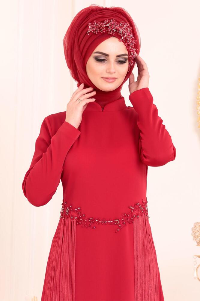 Tesettürlü Abiye Elbise - Beli Dantelli Püsküllü Kırmızı Tesettür Abiye Elbise 3622K - 2