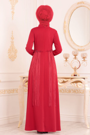 Tesettürlü Abiye Elbise - Beli Dantelli Püsküllü Kırmızı Tesettür Abiye Elbise 3622K - Thumbnail