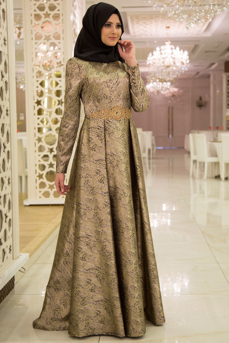 Tesettürlü Abiye Elbise - Beli Etnik Detaylı Desenli Abiye Elbise