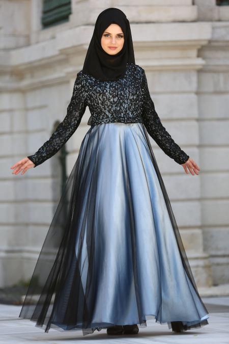 Tesettürlü Abiye Elbise - Beli Fiyonk Detaylı Bebek Mavisi Tesettür Abiye Elbise 7829BM