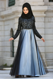 Tesettürlü Abiye Elbise - Beli Fiyonk Detaylı Bebek Mavisi Tesettür Abiye Elbise 7829BM - Thumbnail