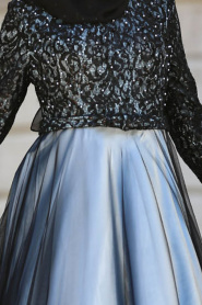 Tesettürlü Abiye Elbise - Beli Fiyonk Detaylı Bebek Mavisi Tesettür Abiye Elbise 7829BM - Thumbnail