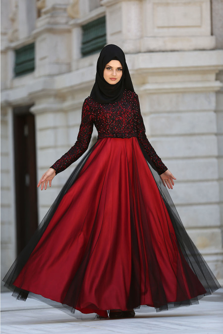 Tesettürlü Abiye Elbise - Beli Fiyonk Detaylı Bordo Tesettür Abiye Elbise 7829BR