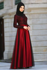 Tesettürlü Abiye Elbise - Beli Fiyonk Detaylı Bordo Tesettür Abiye Elbise 7829BR - Thumbnail