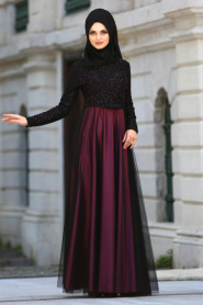 Tesettürlü Abiye Elbise - Beli Fiyonk Detaylı Mor Tesettür Abiye Elbise 7829MOR - Thumbnail