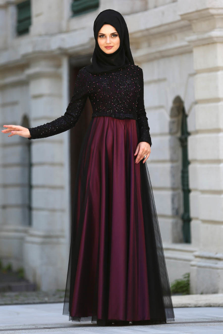 Tesettürlü Abiye Elbise - Beli Fiyonk Detaylı Mor Tesettür Abiye Elbise 7829MOR
