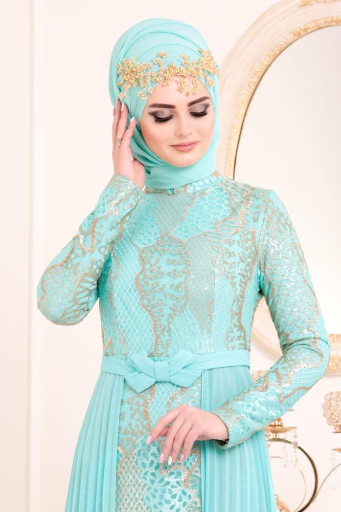 Tesettürlü Abiye Elbise - Beli Fiyonklu Mint Tesettür Abiye Elbise 8384MINT - 2