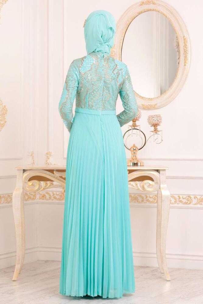 Tesettürlü Abiye Elbise - Beli Fiyonklu Mint Tesettür Abiye Elbise 8384MINT - 3