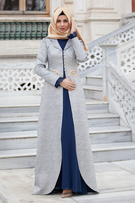 Tesettürlü Abiye Elbise - Beli Taş Detaylı Lacivert Abiye Elbise