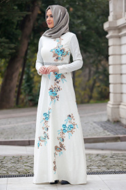 Tesettürlü Abiye Elbise - Çiçek İşlemeli Beyaz Abiye Elbise - Thumbnail