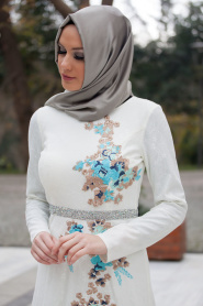 Tesettürlü Abiye Elbise - Çiçek İşlemeli Beyaz Abiye Elbise - Thumbnail