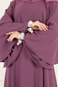 Tesettürlü Abiye Elbise - Bilekleri İnci Detaylı Pelerinli Gül Kurusu Tesettür Abiye Elbise 3627GK - Thumbnail
