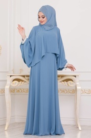 Tesettürlü Abiye Elbise - Bilekleri İnci Detaylı Pelerinli Mavi Tesettür Abiye Elbise 3627M - Thumbnail