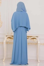 Tesettürlü Abiye Elbise - Bilekleri İnci Detaylı Pelerinli Mavi Tesettür Abiye Elbise 3627M - Thumbnail