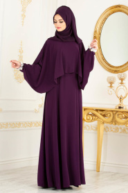 Tesettürlü Abiye Elbise - Bilekleri İnci Detaylı Pelerinli Mor Tesettür Abiye Elbise 3627MOR - Thumbnail