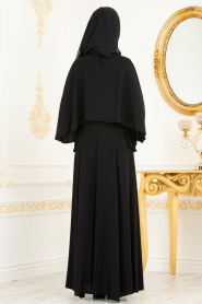 Tesettürlü Abiye Elbise - Bilekleri İnci Detaylı Pelerinli Siyah Tesettür Abiye Elbise 3627S - Thumbnail