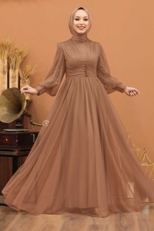 Tesettürlü Abiye Elbise - Biscuit Islamique Habillement Robe De Soirée 5478BS - 1
