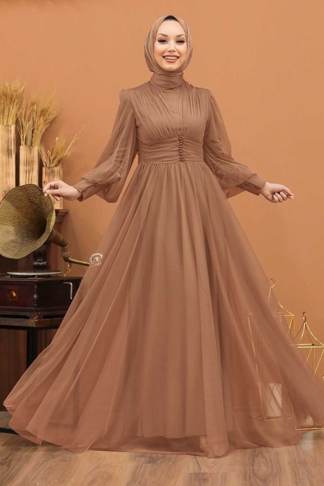 Tesettürlü Abiye Elbise - Biscuit Islamique Habillement Robe De Soirée 5478BS - 1