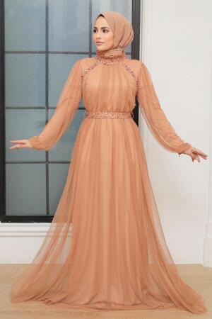 Tesettürlü Abiye Elbise - Biscuit Vêtements Islamiques Robe de Soirée 22041BS - 1
