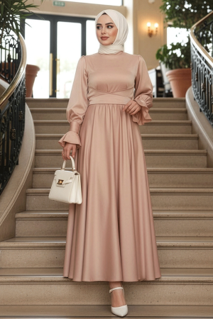 Tesettürlü Abiye Elbise - Bisküvi Tesettür Saten Abiye Elbise 5983BS - 1