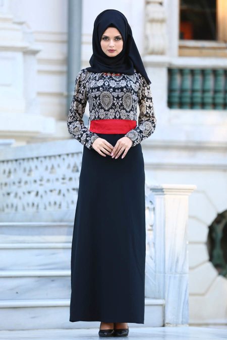 Tesettürlü Abiye Elbise - Black Hijab Dress 20342S