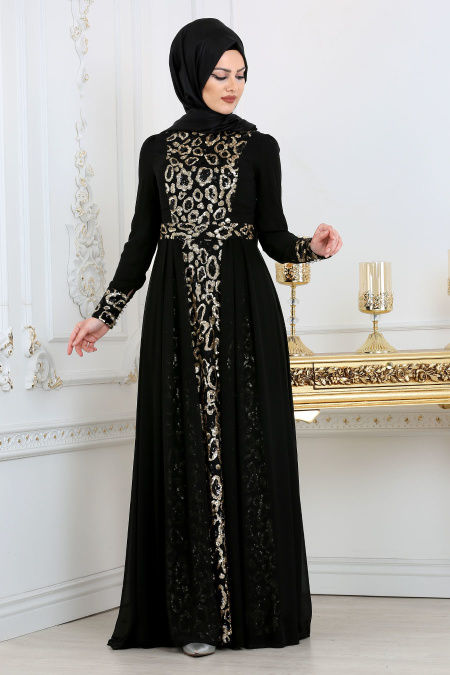 Tesettürlü Abiye Elbise - Black Hijab Dress 7592S