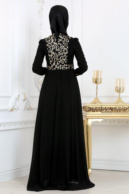 Tesettürlü Abiye Elbise - Black Hijab Dress 7592S - 3