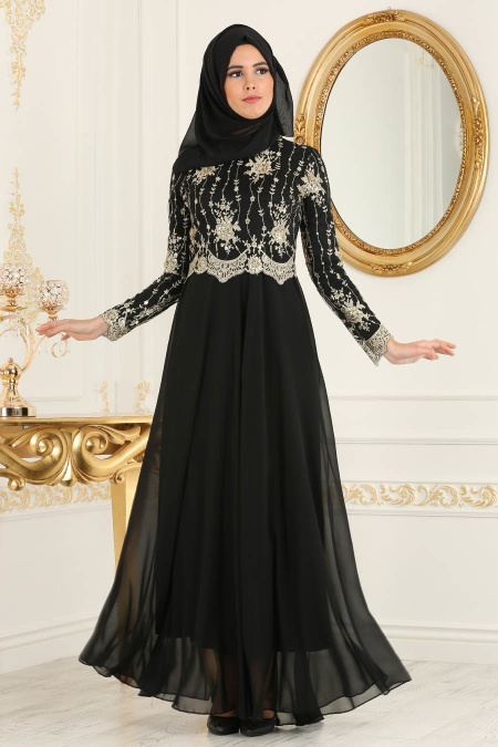 Tesettürlü Abiye Elbise - Black Hijab Dress 7646S