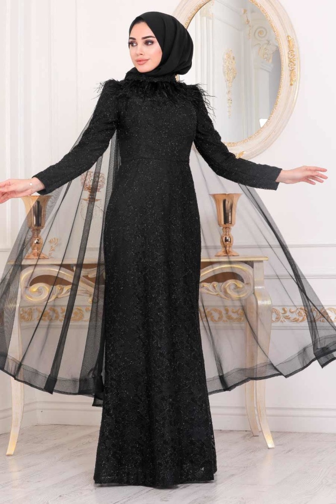 Tesettürlü Abiye Elbise - Black Islamic Clothing Evening Dress 40181S - 1