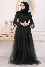 Tesettürlü Abiye Elbise - Black Islamic Clothing Evening Dress 40242S - Thumbnail