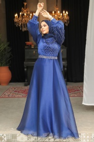 Tesettürlü Abiye Elbise - Boncuk İşlemeli İndigo Mavisi Tesettür Abiye Elbise 51921IM - Thumbnail