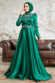 Tesettürlü Abiye Elbise - Boncuk İşlemeli Zümrüt Yeşili Tesettür Abiye Elbise 3774ZY - Thumbnail