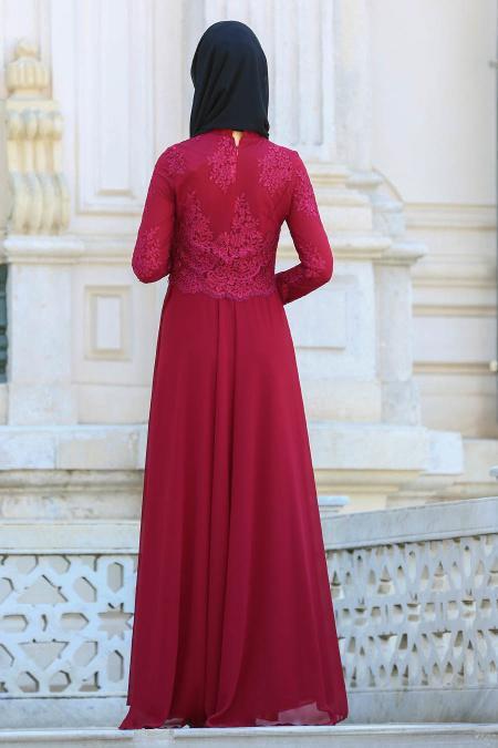 Tesettürlü Abiye Elbise - Boncuk Dantelli Bordo Tesettür Abiye Elbise 7783BR - 2