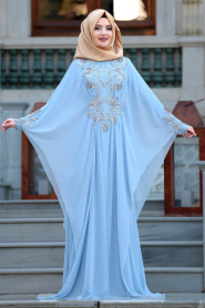 Tesettürlü Abiye Elbise - Boncuk Detaylı Bebek Mavisi Tesettür Abiye Elbise 105BM - Thumbnail