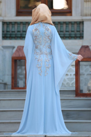 Tesettürlü Abiye Elbise - Boncuk Detaylı Bebek Mavisi Tesettür Abiye Elbise 105BM - Thumbnail