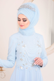 Tesettürlü Abiye Elbise - Boncuk Detaylı Bebek Mavisi Tesettür Abiye Elbise 20510BM - Thumbnail