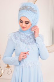 Tesettürlü Abiye Elbise - Boncuk Detaylı Bebek Mavisi Tesettür Abiye Elbise 20950BM - Thumbnail