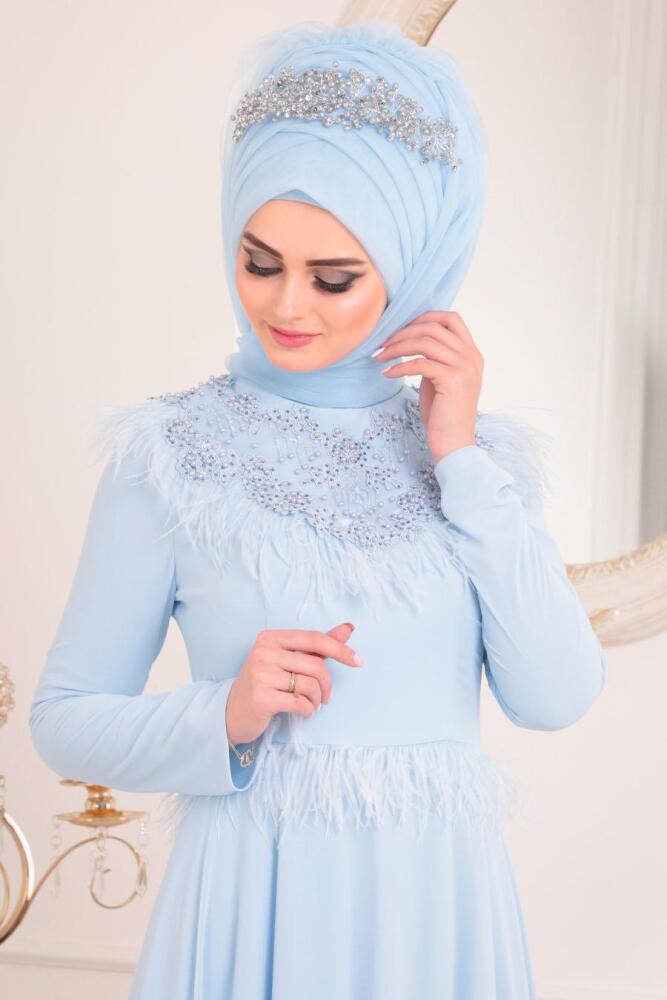 Tesettürlü Abiye Elbise - Boncuk Detaylı Bebek Mavisi Tesettür Abiye Elbise 20950BM - 2